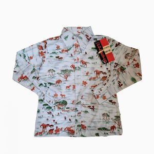 Vintage 1970s Women's African Animals Shirt Blouse Wing Collar Buttons Large NEW